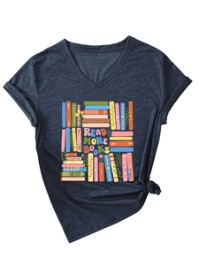 Detail of V-neck navy blue t-shirt with Read More Books print and stylish knotted hemline