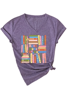 Detail of purple V-neck T-shirt with Read More Books print and side knot detail