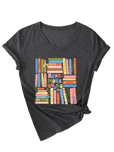 Detail of V-neck heather grey T-shirt with Read More Books print and front knot hem