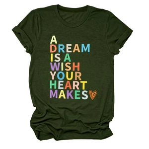 Close-up of deep green t-shirt fabric texture and colorful lettered slogan print