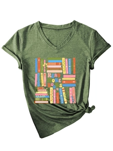 Detail of dark green V-neck T-shirt with side-knot hem and Read More Books print