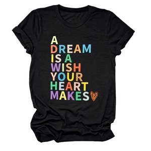 Detail of black cotton T-shirt featuring colorful quote print and heart graphic design