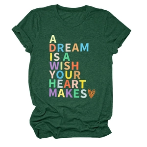 Detail showing colorful lettering and heart print on a dark green cotton t-shirt