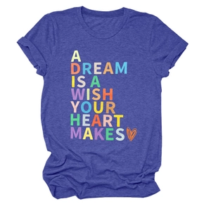 Detail of rolled sleeve and rainbow text on blue melange cotton t-shirt