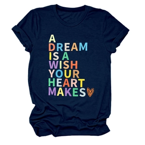 Detail of colorful lettering print on navy blue cotton crew neck short sleeve T-shirt