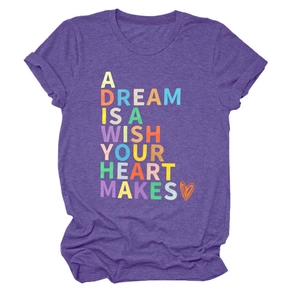 Detail of colorful slogan print and heart graphic on purple short sleeve cotton t-shirt