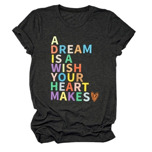 Close-up of rolled sleeves and graphic text on a charcoal cotton blend t-shirt
