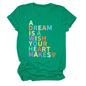Detail of green cotton T-shirt featuring retro A Dream Is A Wish Your Heart Makes print