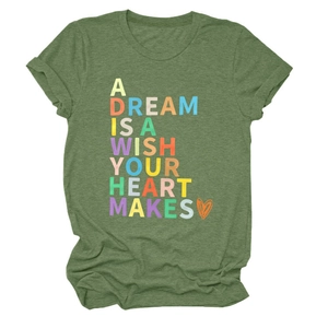 Detail of green cotton T-shirt featuring rainbow text print and rolled cuff design
