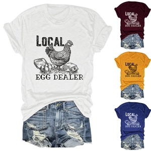 Detailed view of Local Egg Dealer graphic tee showing multiple color options and vintage print