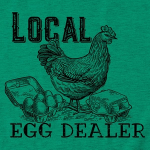 Close-up of the vintage 'Local Egg Dealer' chicken print on a dark green cotton t-shirt