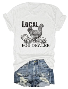 Detailed close-up of local egg dealer graphic print on a white cotton crewneck t-shirt