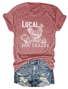 Detail of Local Egg Dealer print on a vintage red short-sleeved crew neck t-shirt