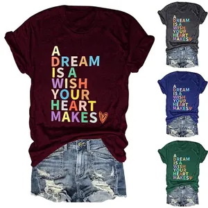 Women Cotton Blend T-Shirt Casual Loose Short Sleeve Round Neck Letter Graphic Print Heart Pattern Summer Fashion Top