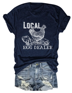 Navy blue t-shirt with local egg dealer graphic and ripped denim shorts outfit