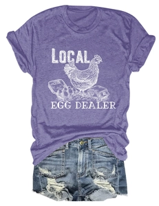 Detailed view of Local Egg Dealer graphic on heather purple cotton blend t-shirt