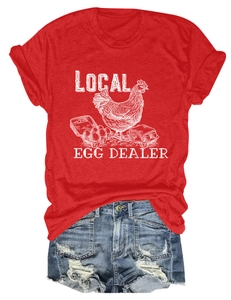 Detail of red T-shirt with local egg dealer print and distressed denim shorts set