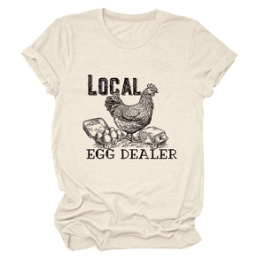Detail of Local Egg Dealer vintage hen print on a cream crewneck cotton t-shirt