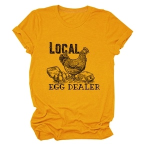 Detail of Local Egg Dealer print on mustard yellow cotton t-shirt with rolled sleeves