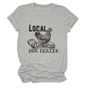 Detailed flat lay of a grey cotton T-shirt featuring a retro Local Egg Dealer hen print