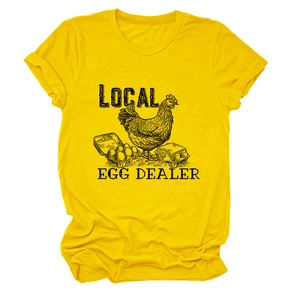 Detail of the vintage hen and egg graphic print on yellow cotton crewneck t-shirt