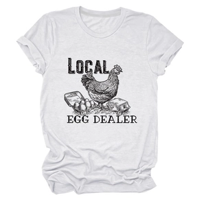 Close-up of Local Egg Dealer graphic print on white cotton crew neck t-shirt