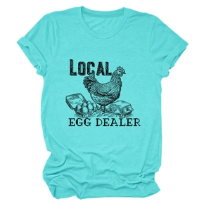 Close-up of turquoise t-shirt featuring local egg dealer graphic print with hen