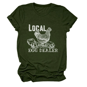 Close-up of retro local egg dealer graphic print on dark green cotton T-shirt
