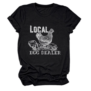Detailed close-up of local egg dealer vintage graphic print on cotton black t-shirt