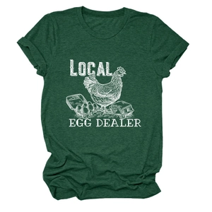 Detailed close-up of local egg dealer graphic print on dark green cotton t-shirt
