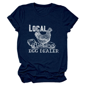 Detailed close-up of navy cotton T-shirt with white Local Egg Dealer graphic print