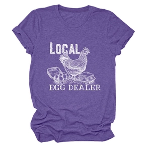 Detail of Local Egg Dealer vintage print on a heather purple cotton t-shirt