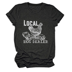 Dark charcoal grey round neck T-shirt with white Local Egg Dealer hen graphic print
