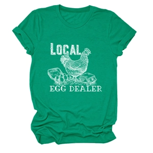 Detail of green T-shirt featuring Local Egg Dealer print with white rooster graphic