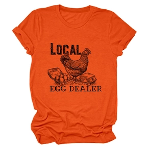 Detail of Local Egg Dealer print on orange cotton t-shirt with crew neck design