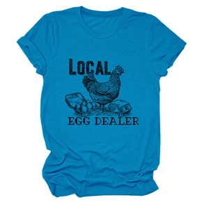 Detailed flat lay of a blue crewneck T-shirt featuring vintage Local Egg Dealer print