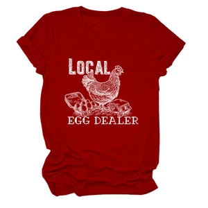Detail of Local Egg Dealer vintage print on dark red cotton t-shirt with folded sleeves