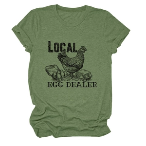 Close-up of olive green t-shirt with Local Egg Dealer hen print and rolled sleeve detail