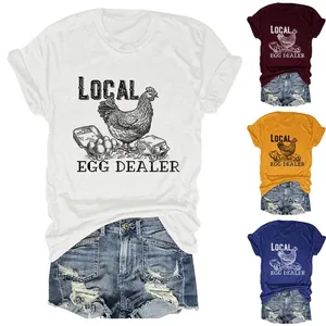 Women's Casual Cotton Blend T-Shirt Local Egg Dealer Printed Round Neck Short Sleeve Top Vintage Hen Graphics Tee Shirt
