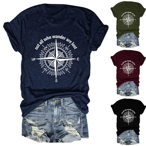 Detail view of cotton t-shirts with compass print and Not All Who Wander Are Lost text