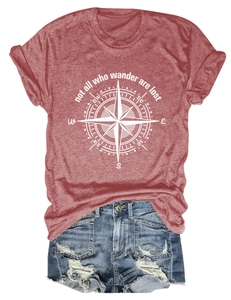 Macro detail of 'not all who wander are lost' compass print on heather red cotton t-shirt
