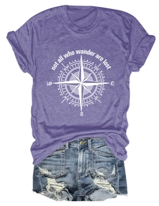 Detail showing women's purple t-shirt with compass print and frayed denim shorts set