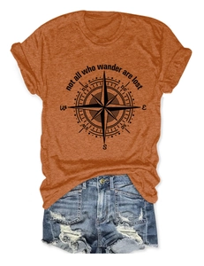 Orange cotton blend t-shirt with compass print and distressed denim shorts flat lay
