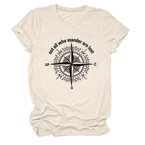 Detail of compass graphic and text print on beige cotton crew neck short sleeve t-shirt