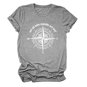Detail of grey crewneck T-shirt showing white compass print and wander slogan
