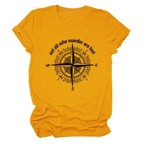 Detail view of yellow cotton t-shirt featuring vintage compass print and inspirational quote