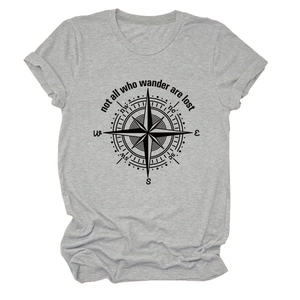 Detail shot of grey T-shirt featuring a black compass print and inspiring quote text