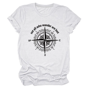 Detail of rolled cuffs and compass print on white cotton crewneck t-shirt with quote