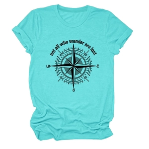 Detailed view of teal cotton t-shirt featuring compass design and wanderlust quote print