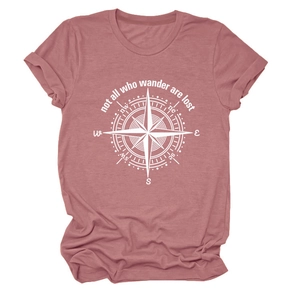 Detail of compass print and 'not all who wander are lost' slogan on mauve t-shirt